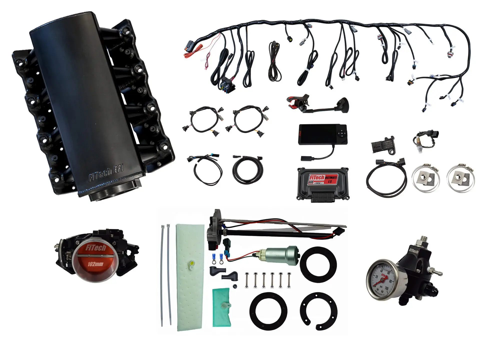 76103 Ultimate LS 750 HP EFI System With Short Cathedral Intake In Tank 440 LPH Pump Module & Go Fuel Regulator Master Kit