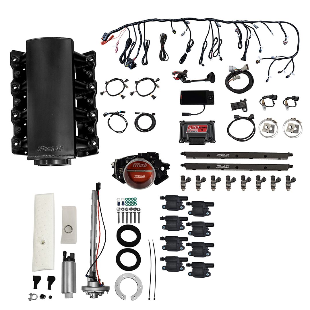 78704 Ultimate LS 750 HP EFI System With Short Cathedral Intake, Transmission Control, Go Fuel In-Tank Regulated Pump 340 LPH & Go Spark LS3 Style Coil 8 Pack Master Kit