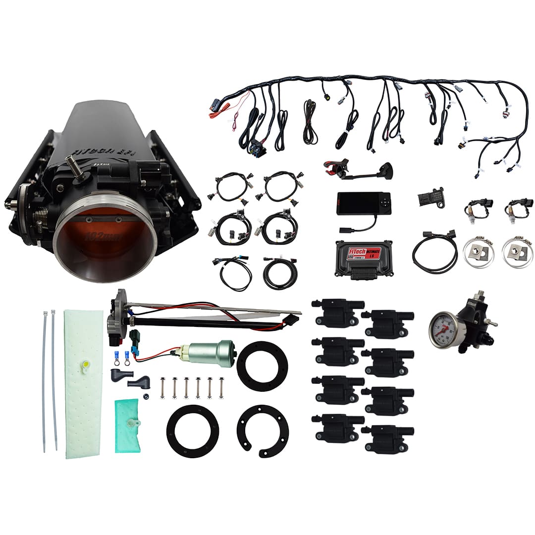 79632 Ultimate LS 1000 HP EFI System With Long Runner Cathedral Intake, In Tank 440 LPH Pump Module, Go Fuel Regulator, & Go Spark LS3 Style Coil With LED 8 Pack Master Kit