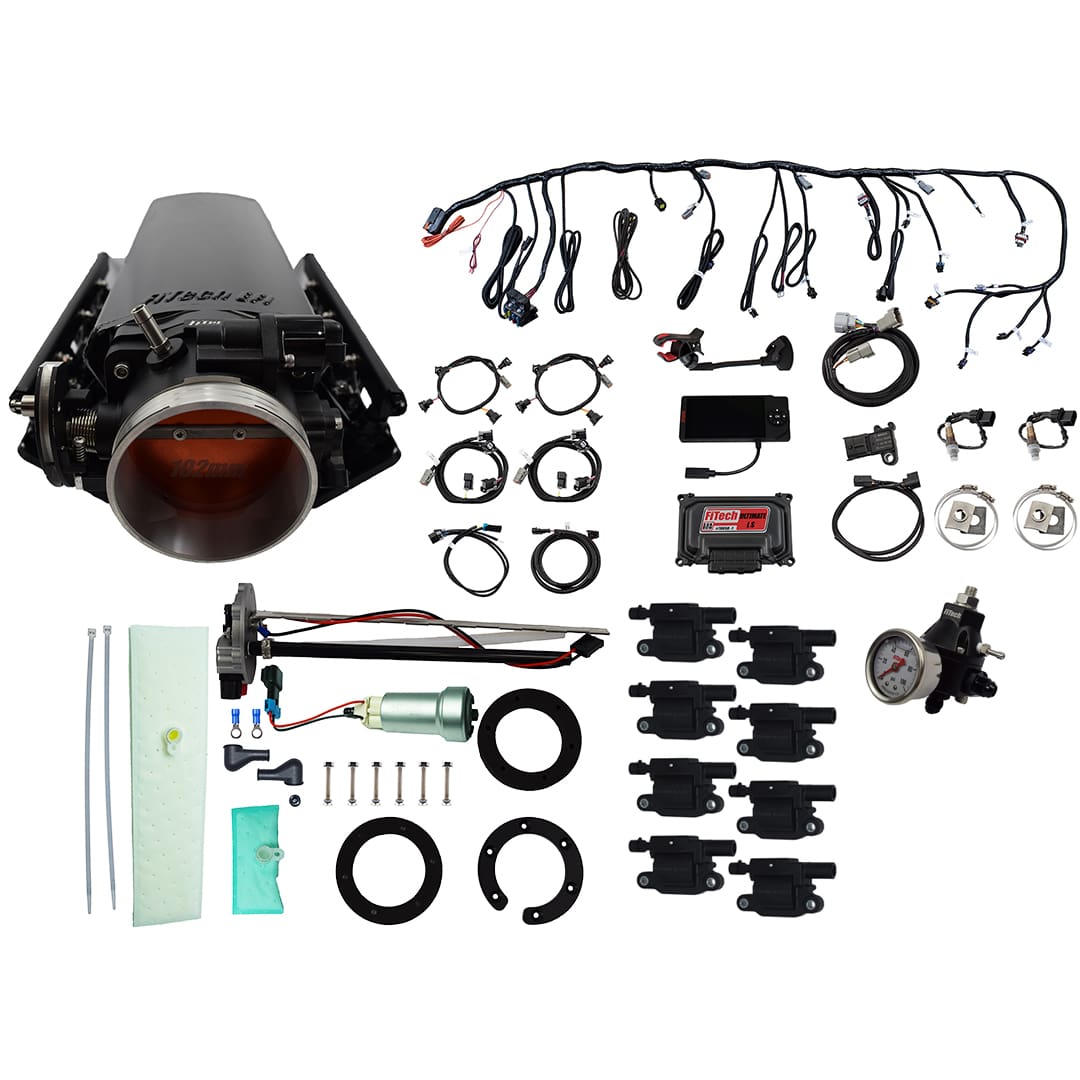 79633 Ultimate LS 1000 HP EFI System With Long Runner Cathedral Intake, Transmission Control, In Tank 440 LPH Pump Module, Go Fuel Regulator, & Go Spark LS3 Style Coil With LED 8 Pack Master Kit
