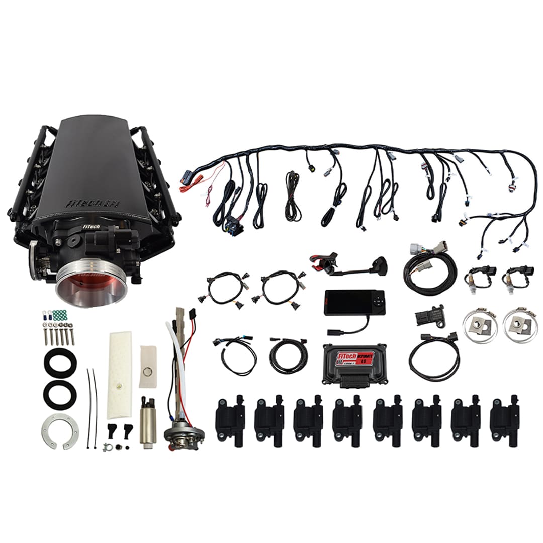 79702 Ultimate LS 500 HP EFI System With Short Cathedral Intake, Transmission Control, Go Fuel In-Tank Regulated Pump 340 LPH & Go Spark LS3 Style Coil With LED 8 Pack Master Kit