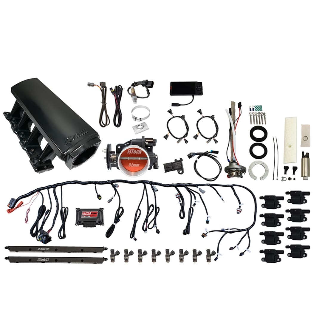 79706 Ultimate LS 500 HP EFI System With Long Runner Cathedral Intake, Go Fuel In-Tank Regulated Pump 340 LPH & Go Spark LS3 Style Coil With LED 8 Pack Master Kit