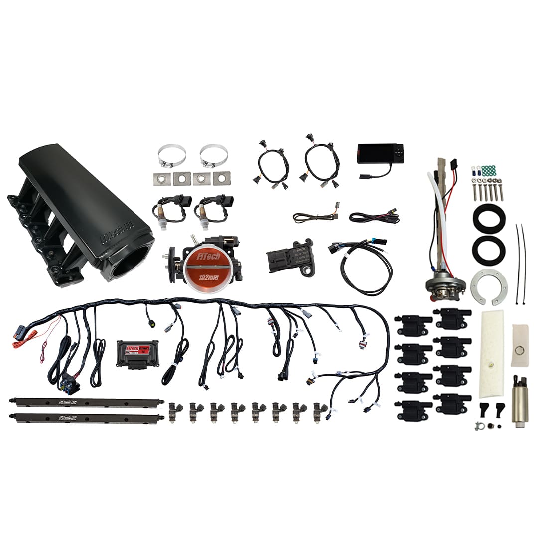 79708 Ultimate LS 750 HP EFI System With Long Runner Cathedral Intake, Go Fuel In-Tank Regulated Pump 340 LPH & Go Spark LS3 Style Coil With LED 8 Pack Master Kit