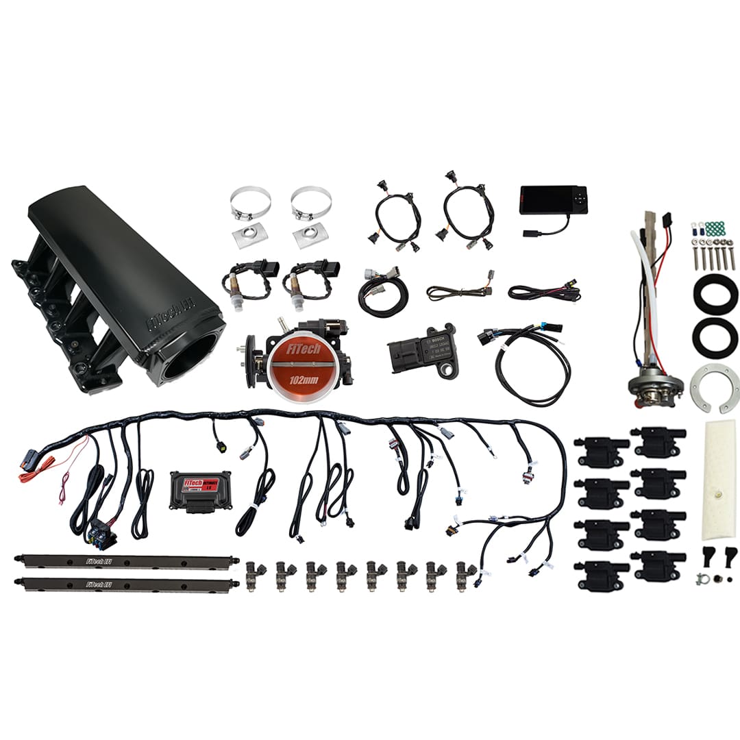 79709 Ultimate LS 750 HP EFI System With Long Runner Cathedral Intake, Transmission Control, Go Fuel In-Tank Regulated Pump 340 LPH & Go Spark LS3 Style Coil With LED 8 Pack Master Kit