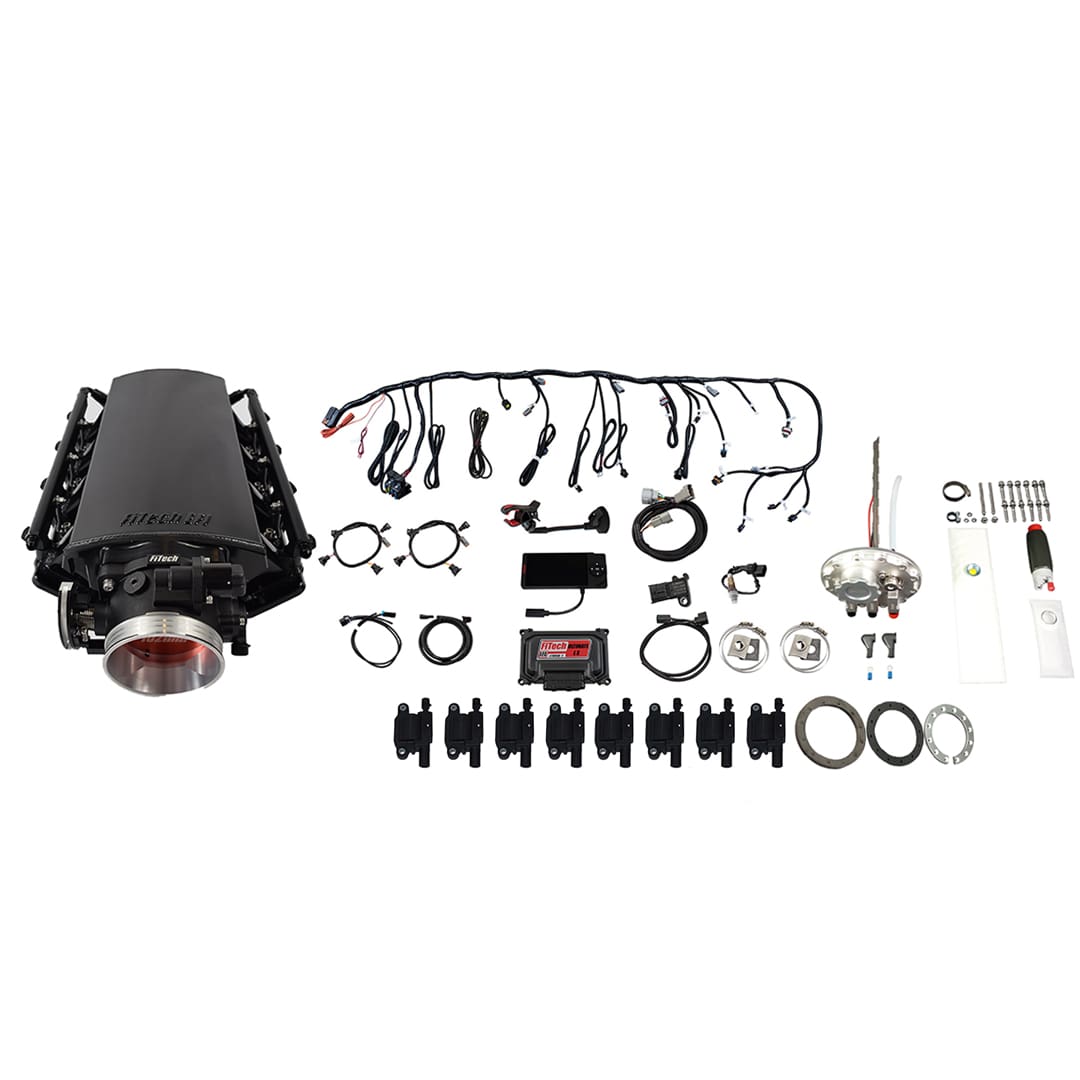 79802 Ultimate LS 500 HP EFI System With Short Cathedral Intake, Transmission Control, Go Fuel In-Tank 340 LPH Fuel Pump Returnless Module With 2 Inch Fill & Go Spark LS3 Style Coil With LED 8 Pack Master Kit