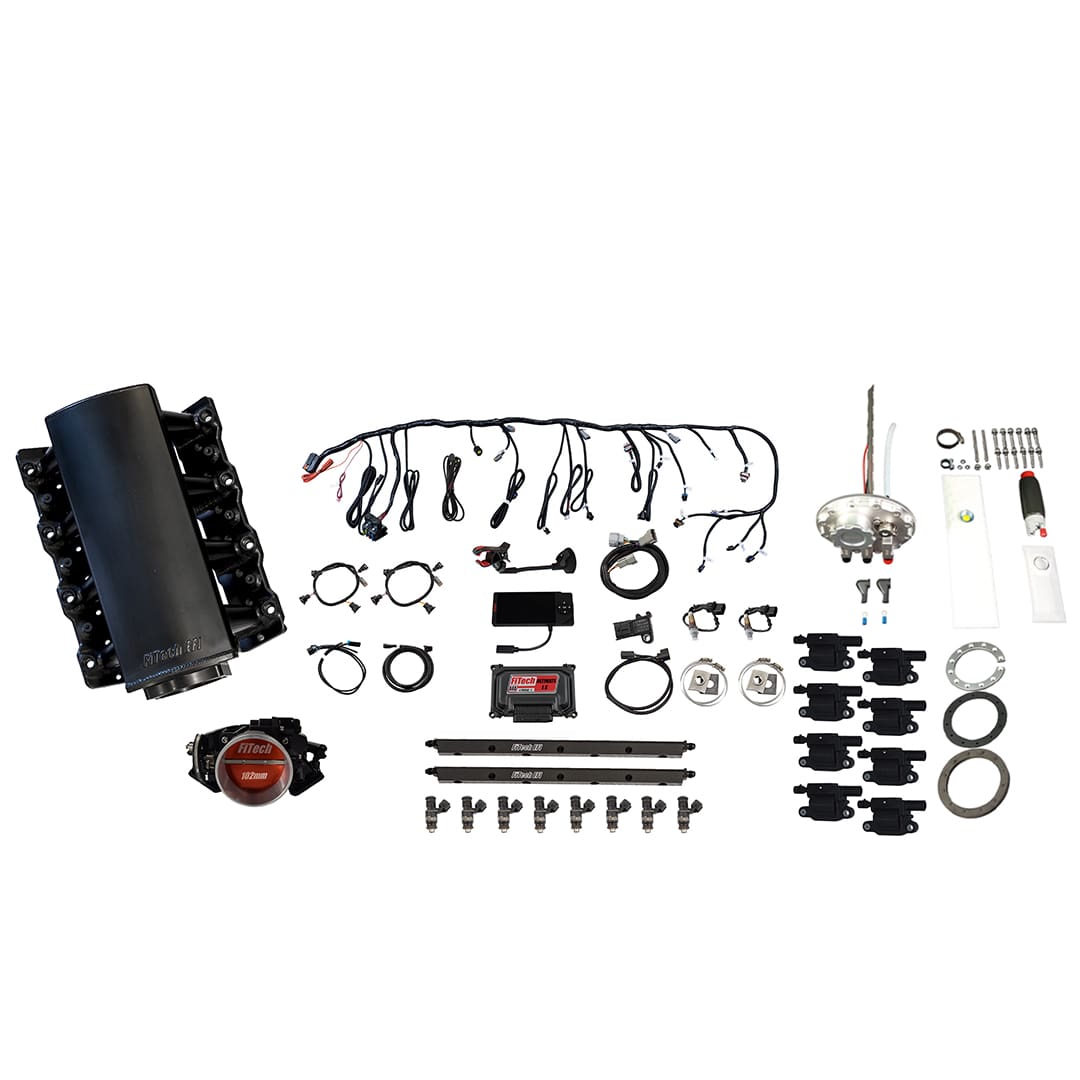 79804 Ultimate LS 750 HP EFI System With Short Cathedral Intake, Transmission Control, Go Fuel In-Tank 340 LPH Fuel Pump Returnless Module With 2 Inch Fill & Go Spark LS3 Style Coil With LED 8 Pack Master Kit