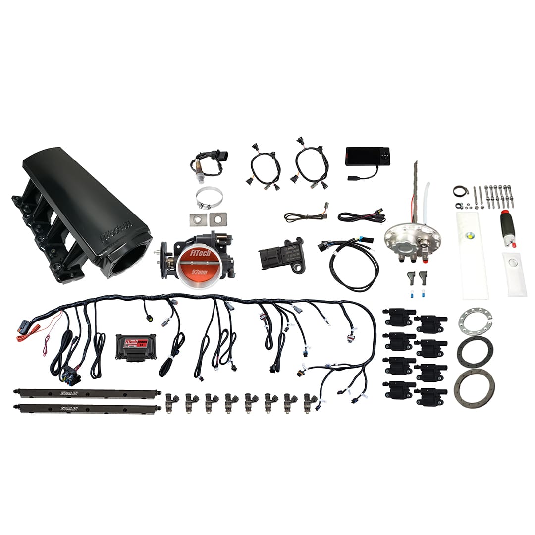 79806 Ultimate LS 500 HP EFI System With Long Runner Cathedral Intake, Go Fuel In-Tank 340 LPH Fuel Pump Returnless Module With 2 Inch Fill & Go Spark LS3 Style Coil With LED 8 Pack Master Kit