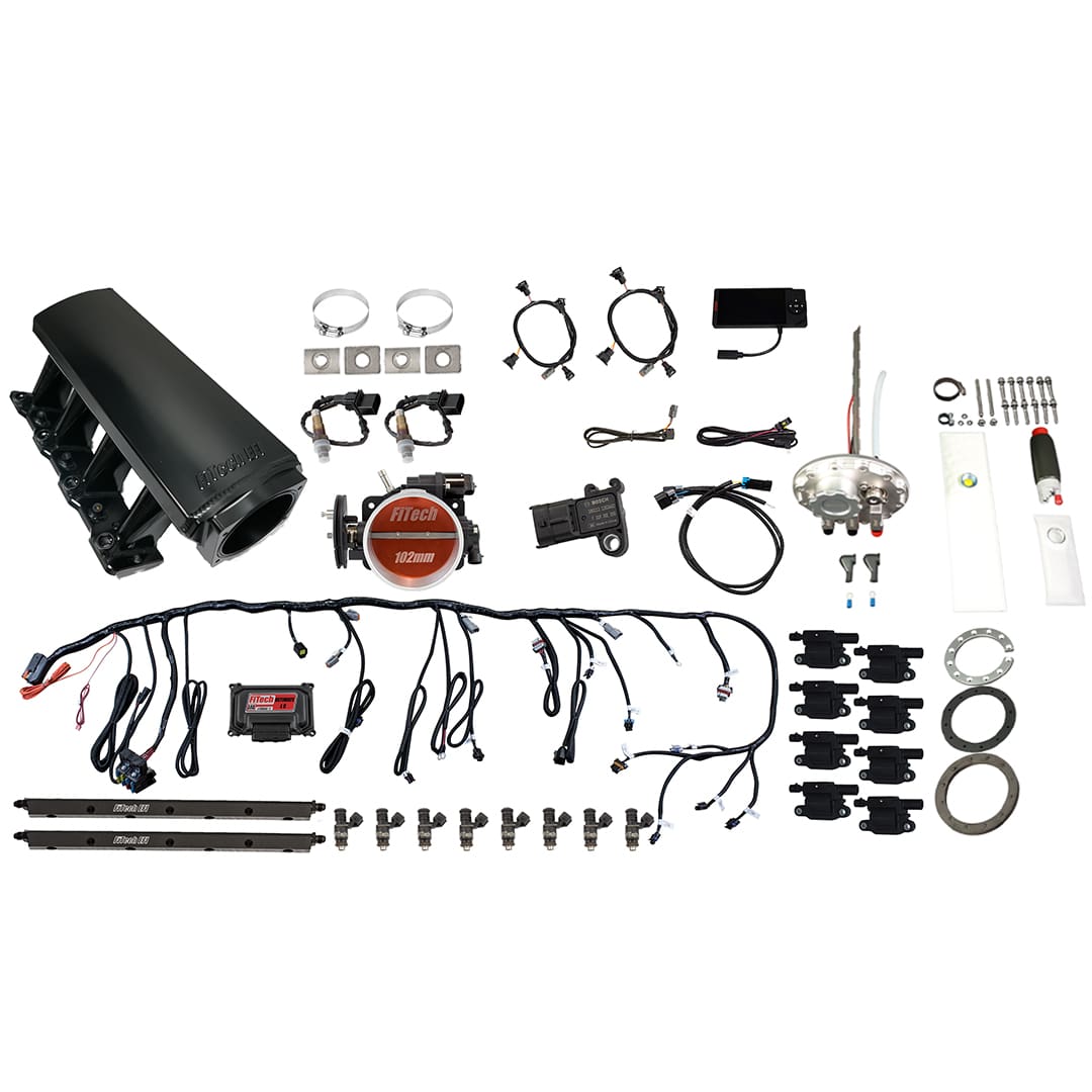 79808 Ultimate LS 750 HP EFI System With Long Runner Cathedral Intake, Go Fuel In-Tank 340 LPH Fuel Pump Returnless Module With 2 Inch Fill & Go Spark LS3 Style Coil With LED 8 Pack Master Kit