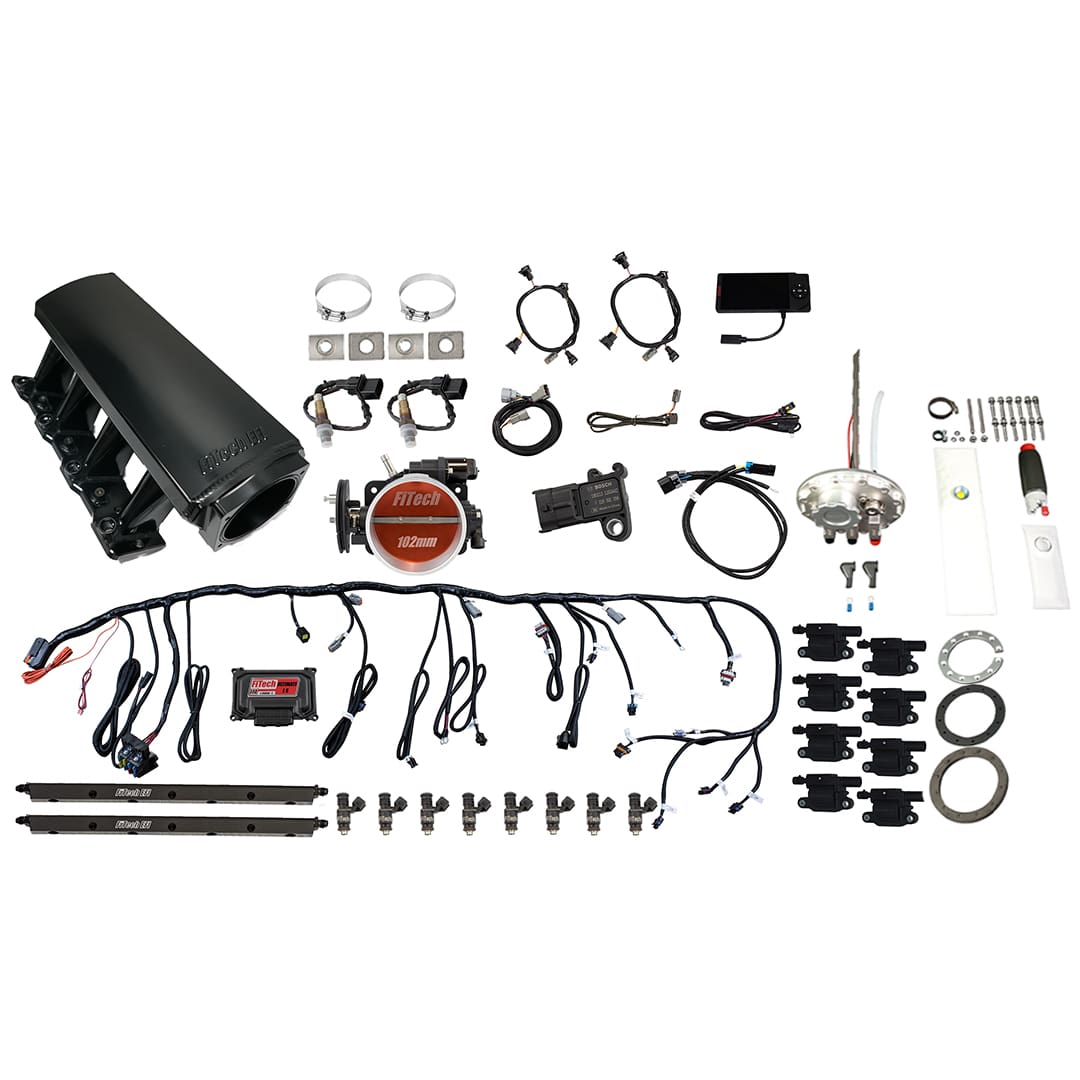 79809 Ultimate LS 750 HP EFI System With Long Runner Cathedral Intake, Transmission Control, Go Fuel In-Tank 340 LPH Fuel Pump Returnless Module With 2 Inch Fill & Go Spark LS3 Style Coil With LED 8 Pack Master Kit