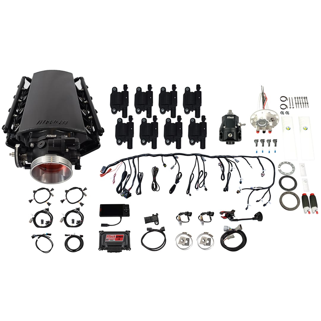 79931 Ultimate LS 1000 HP EFI System With Short Cathedral Intake, Transmission Control, Go Fuel In-Tank Dual Pump Module With 2 Inch Fill, Go Fuel Regulator With Pressure Gauge & Go Spark LS3 Style Coil With LED 8 Pack Master Kit