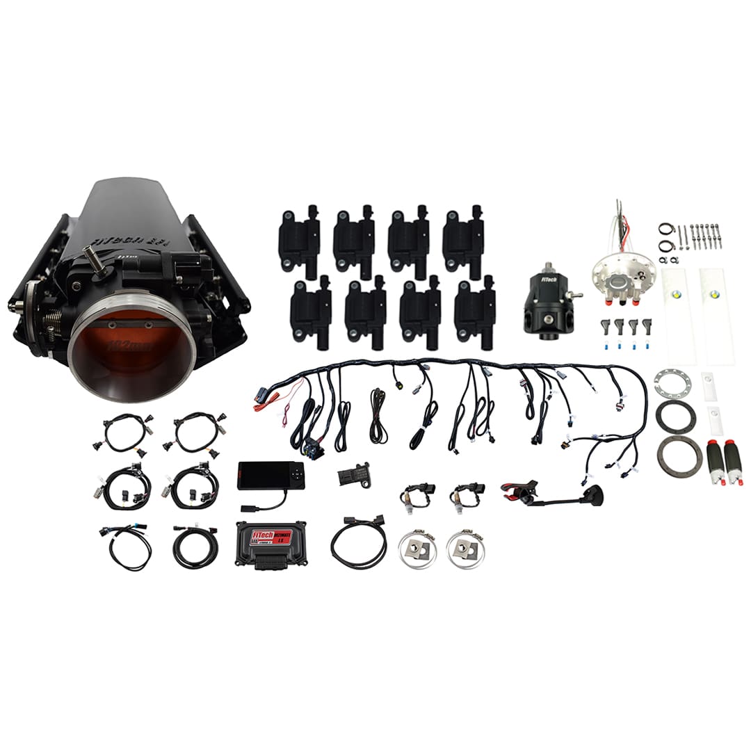 79932 Ultimate LS 1000 HP EFI System With Long Runner Cathedral Intake, Go Fuel In-Tank Dual Pump Module With 2 Inch Fill, Go Fuel Regulator With Pressure Gauge & Go Spark LS3 Style Coil With LED 8 Pack Master Kit